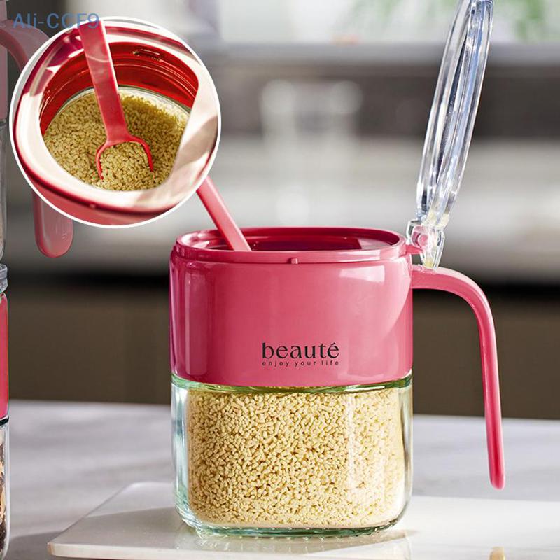 Barattolo per Condimenti in Vetro con Cucchiaino Zuccheriera Saliera Pepe Contenitore Spezie Utensili da Cucina Forniture Contenitori Spezie