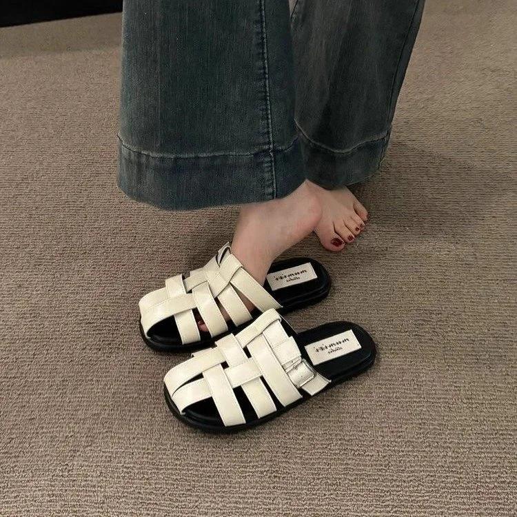 Office Slippers, Women Wear A Slip-on Summer 2024 New Baotou Black, Silver Woven Semi-drag Casual Sandals, Women's Shoes