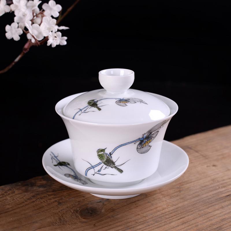 Set de castron de ceai din ceramică chinezească, din porțelan, pictat, albastru și alb, Gaiwan, cu capac, farfurie pentru ceai