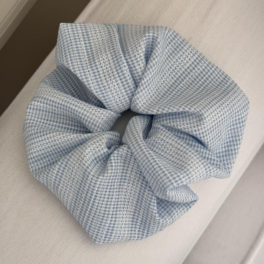 French Large Intestine Circle, Sky Blue Checkered Hair Band, Retro Hair Tie Headwear, Forest-style Hair Tie Headwear