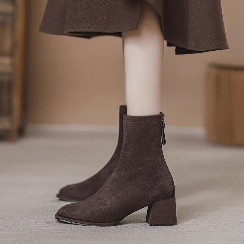 French suede high-heeled short boots women's autumn and winter 2025 new thick heel square head thin boots Martin women's boots socks boots