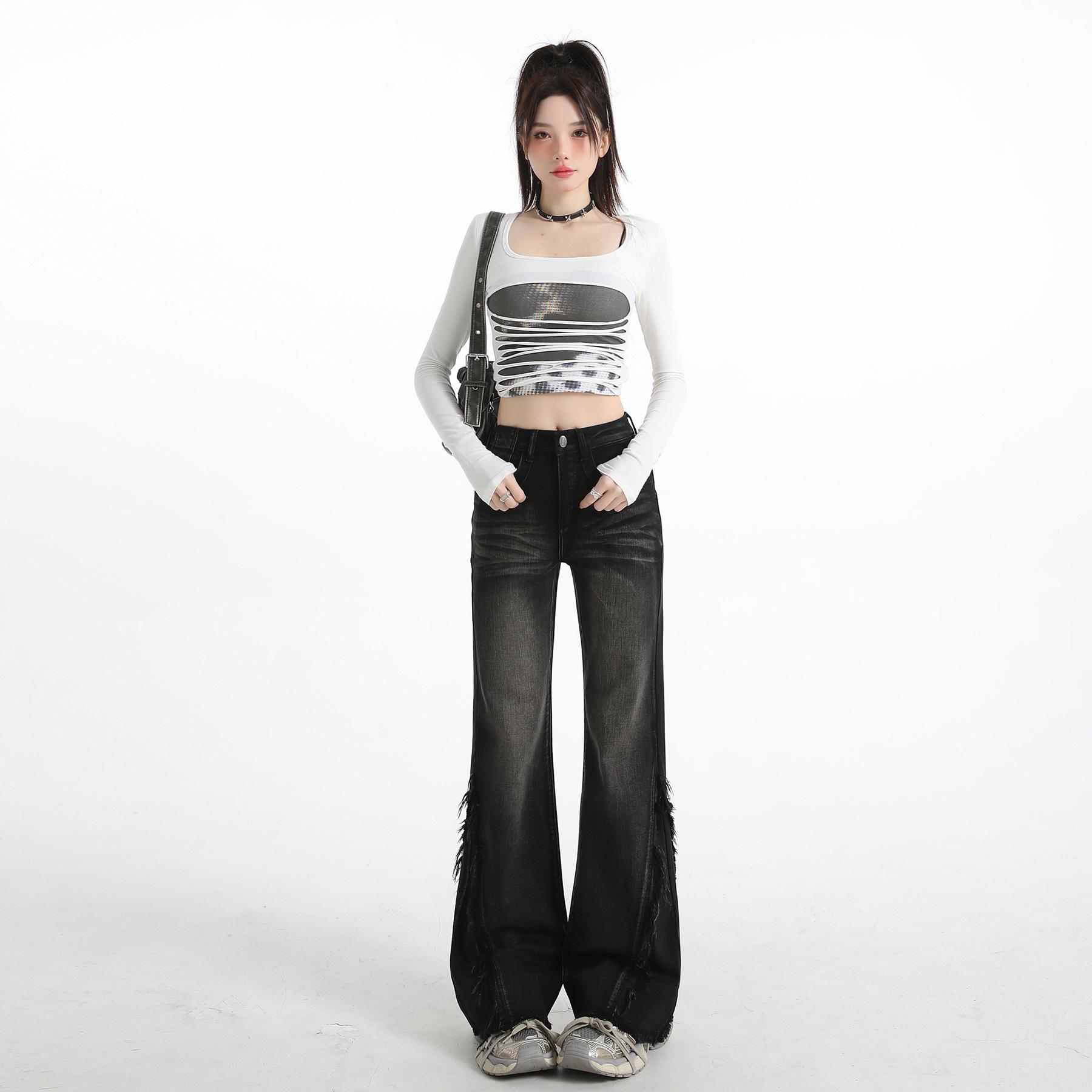

American Street Style High Waist Flare Jeans - Spicy Girl Raw Hem, Elastic, Slimming Fit for Women’s Spring Wardrobe L