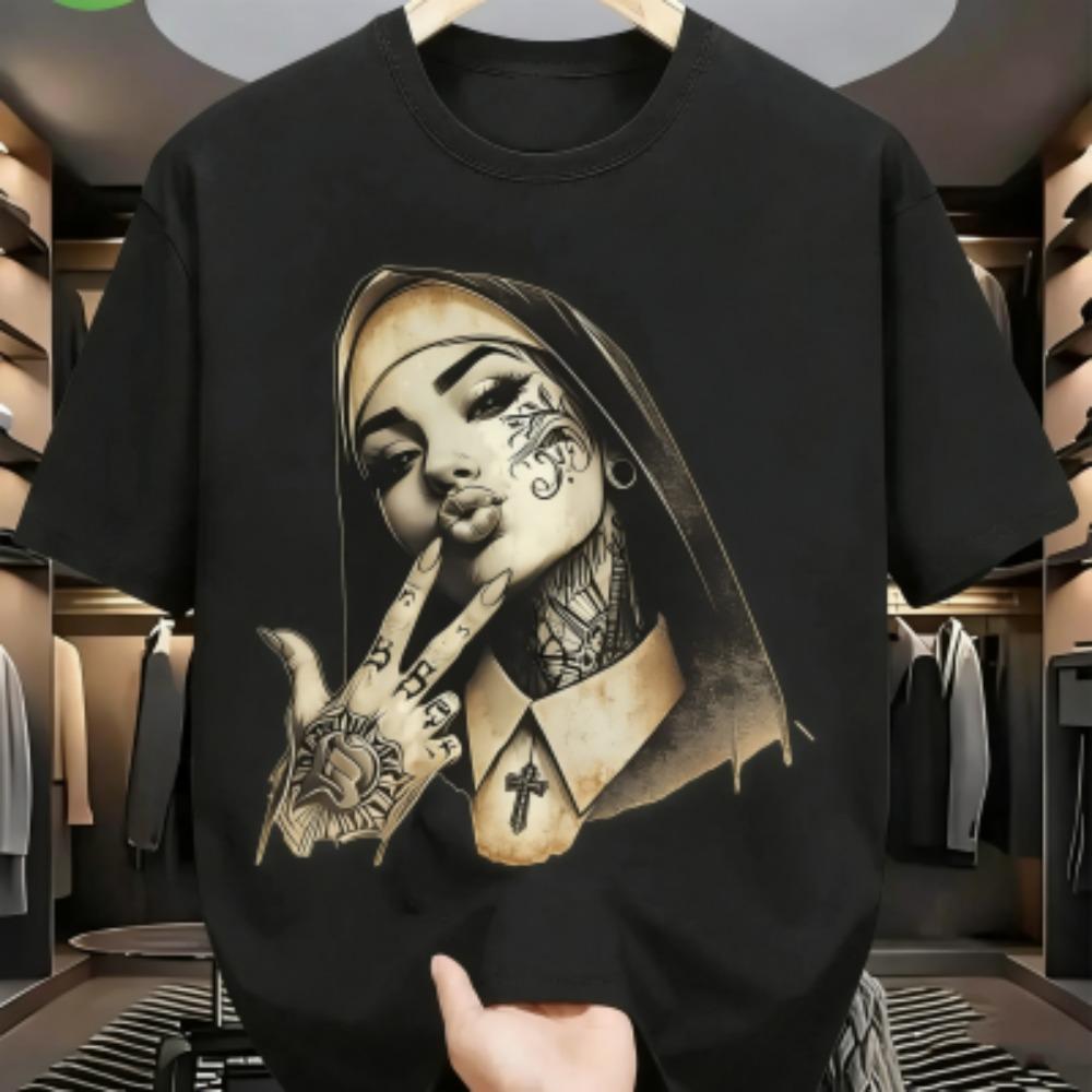 Tattooed Nun Graphic Print Men's T-shirt Summer Fashion Casual Loose Short Sleeves Men's and Women's Tees Top