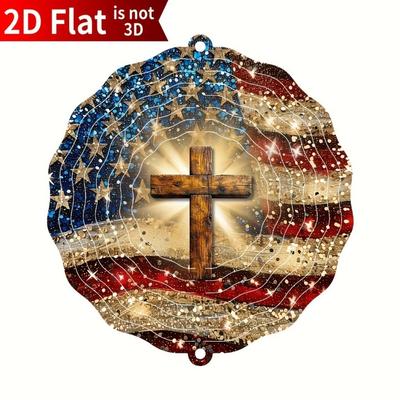 American Flag Wind Spinner 2D Stainless Steel Cross Car Rearview Mirror Decor for Garden Yard Balcony Window Outdoor Decoration