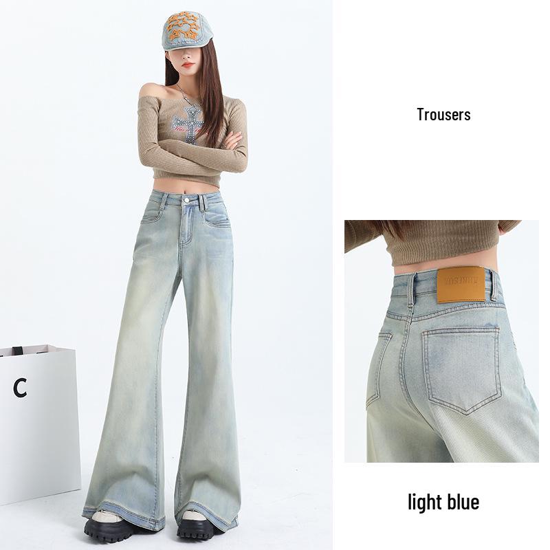 Spring 2025 Women's Light Blue High-Waisted Floor-Length Micro-Flare Jeans