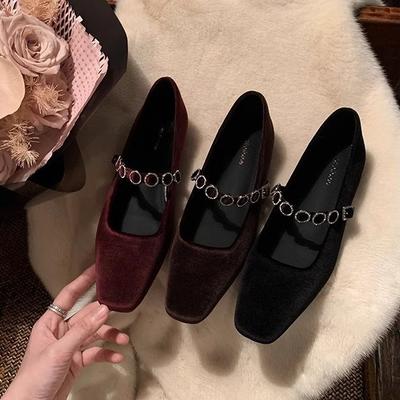 Shoes French Square Head Shallow Mouth One-word Diamond Belt Low Heel Suede Mary Jane Single Shoes
