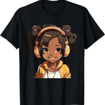 Anime and Music Black Girl Anime Merch Afro African American T-Shirt(10)