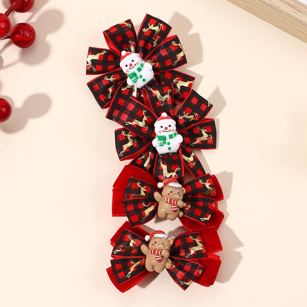 4Pcs New Christmas Flower Hair Clips Cartoon Snowman Plaid Bow Hairpins For Girls Children New Year Headwear Accessories Gift