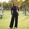 Damen Farbe Langarm Weiter Bein Jumpsuit Lässiges Mode Outfit für den Alltag