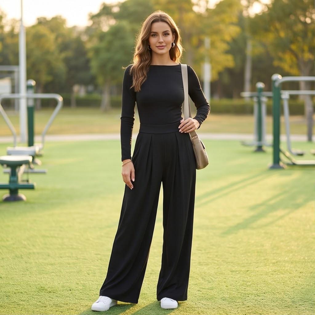 Damen Farbe Langarm Weiter Bein Jumpsuit Lässiges Mode Outfit für den Alltag