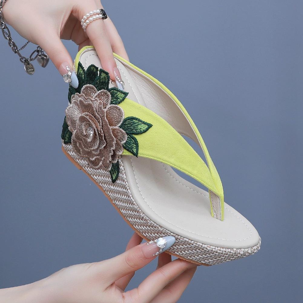 Bohemian Voděodolné Sandály na Platformě s Podpatkem Plážové Pantofle s Vzorovanou Podrážkou Rybí Kost Houbovitá Silná Podrážka Vyšívané Pantofle Sandály