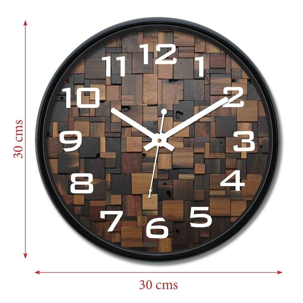 12-inch Plastic & Glass Wall Clock - Wood Craft (Silent Movement), Black