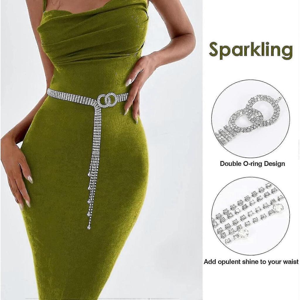 Women Rhinestone Belt Silver Shiny Diamond Fashion Crystal Ladies Double O-ring Waist Belt For Jeans Dresses