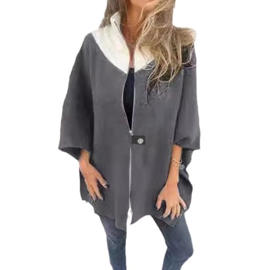 Yousheng Lady Spring Fall Coat Stand Collar Zipper Closure Loose 3/4 Sleeves Jacket Cardiagn Colorblock Daily Wear Parties Office Top