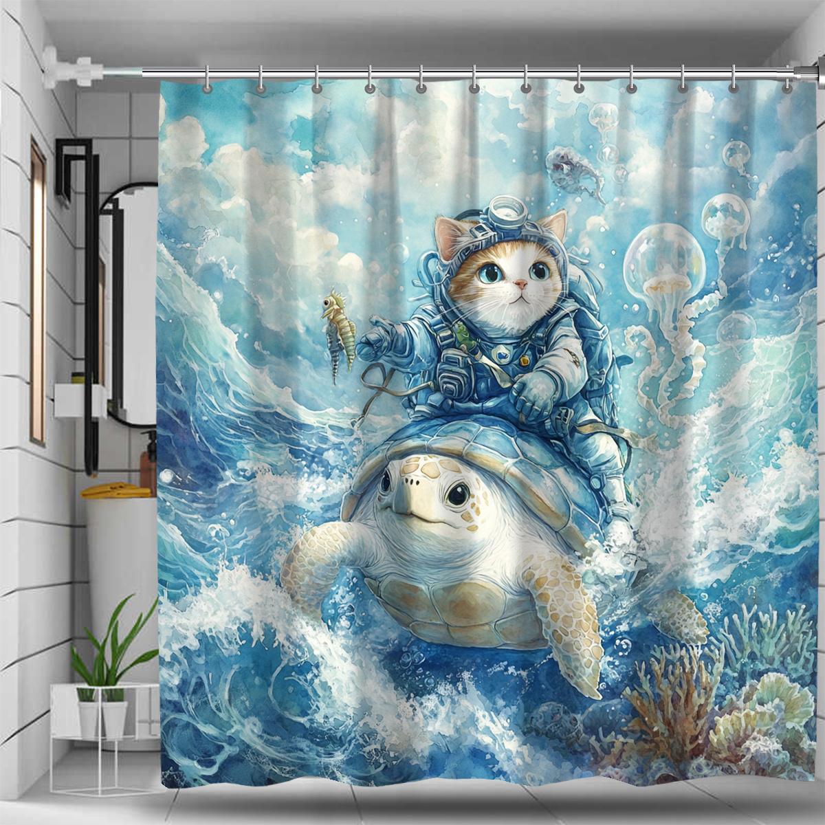 

1Pc Whimsical Turtle And Cat Knight Digital Printing Shower Curtain-Vibrant Underwater Scene Shower Curtain W60H190(CM)-1 Pcs