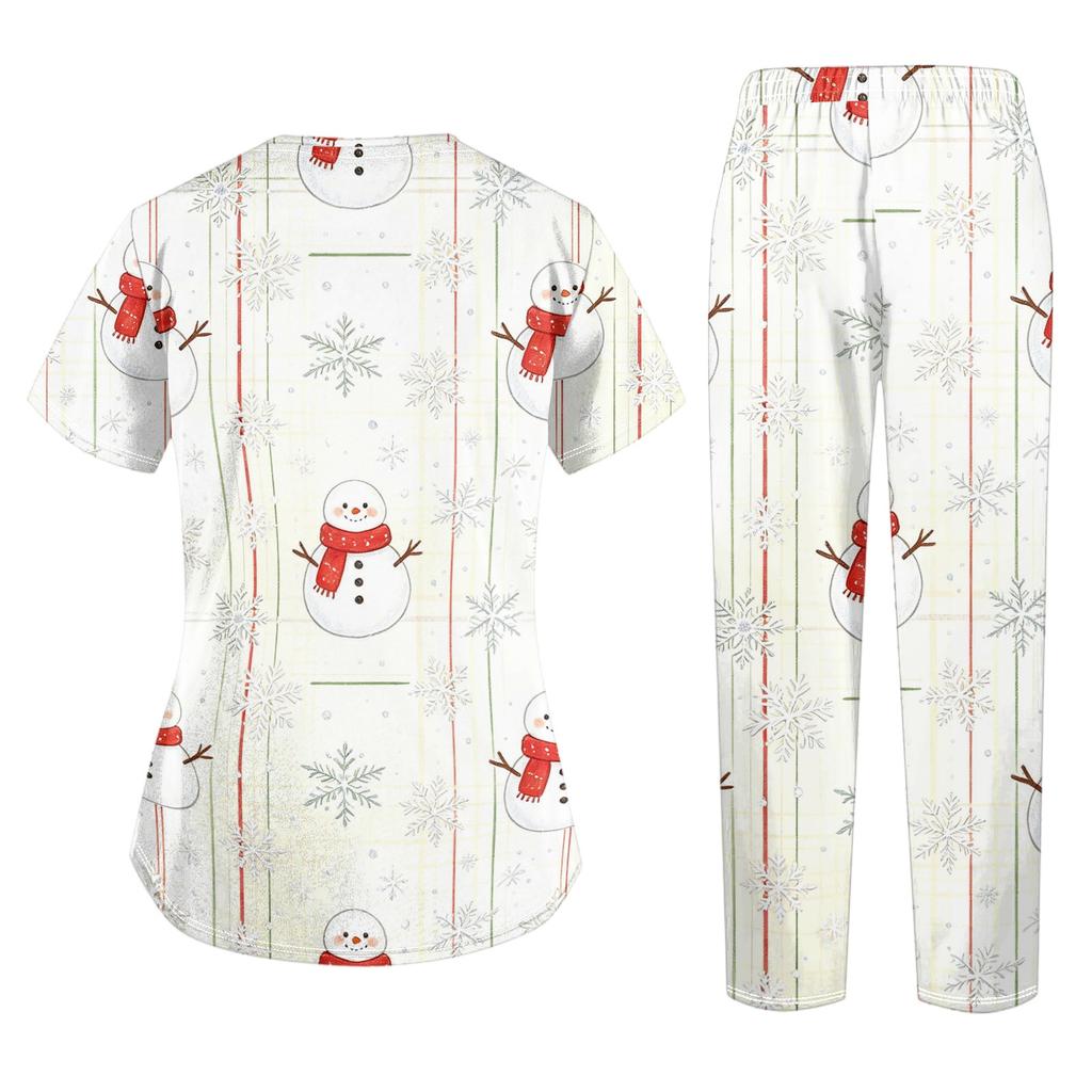 Damen V-Ausschnitt Kurzarm Weihnachtsdruck Kasack-Set mit Taschen Zweiteilig Pflegekraft Arbeitsuniform