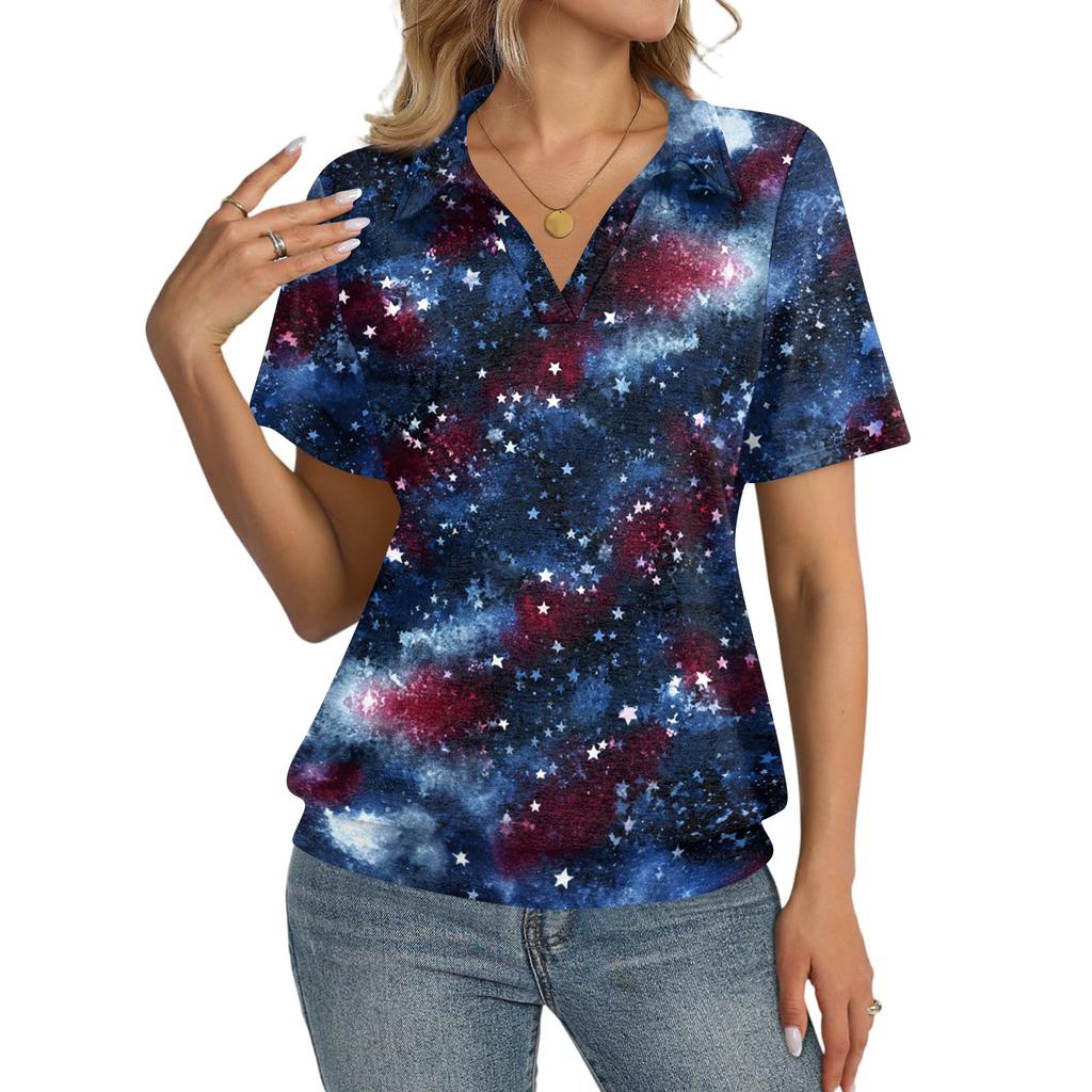 Women’s Fashion Casual Short Sleeve Polo Collar Top with Independence Day Inspired Print for Everyday Wear and Comfort