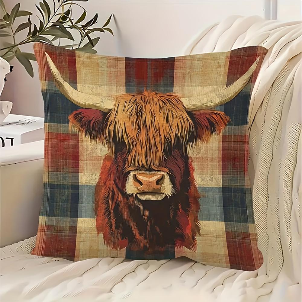 Panika Chen Unisex 2D Flat- Rustic Highland Cow Plaid Throw Pillow Cover Farmhouse Decor Cushion Case For Sofa Couch Bed