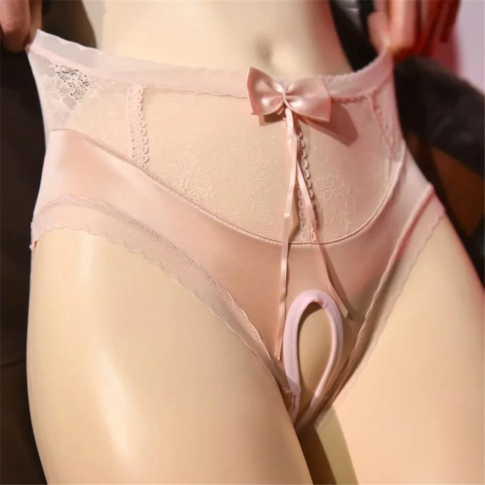 Women'S Lace Patchwork Panties Sexy Open Crotch Sheer See Through Briefs Bowknot Fashion Woman Lingeries Female Underwear