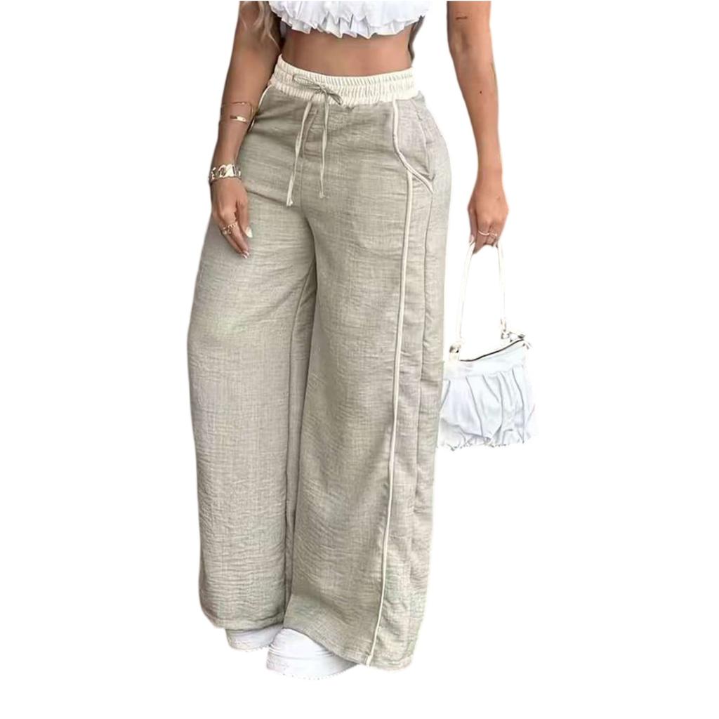 Women's Fashion Color Blocked High Waist Straight Leg Wide Leg Pants Pocket Casual Pants