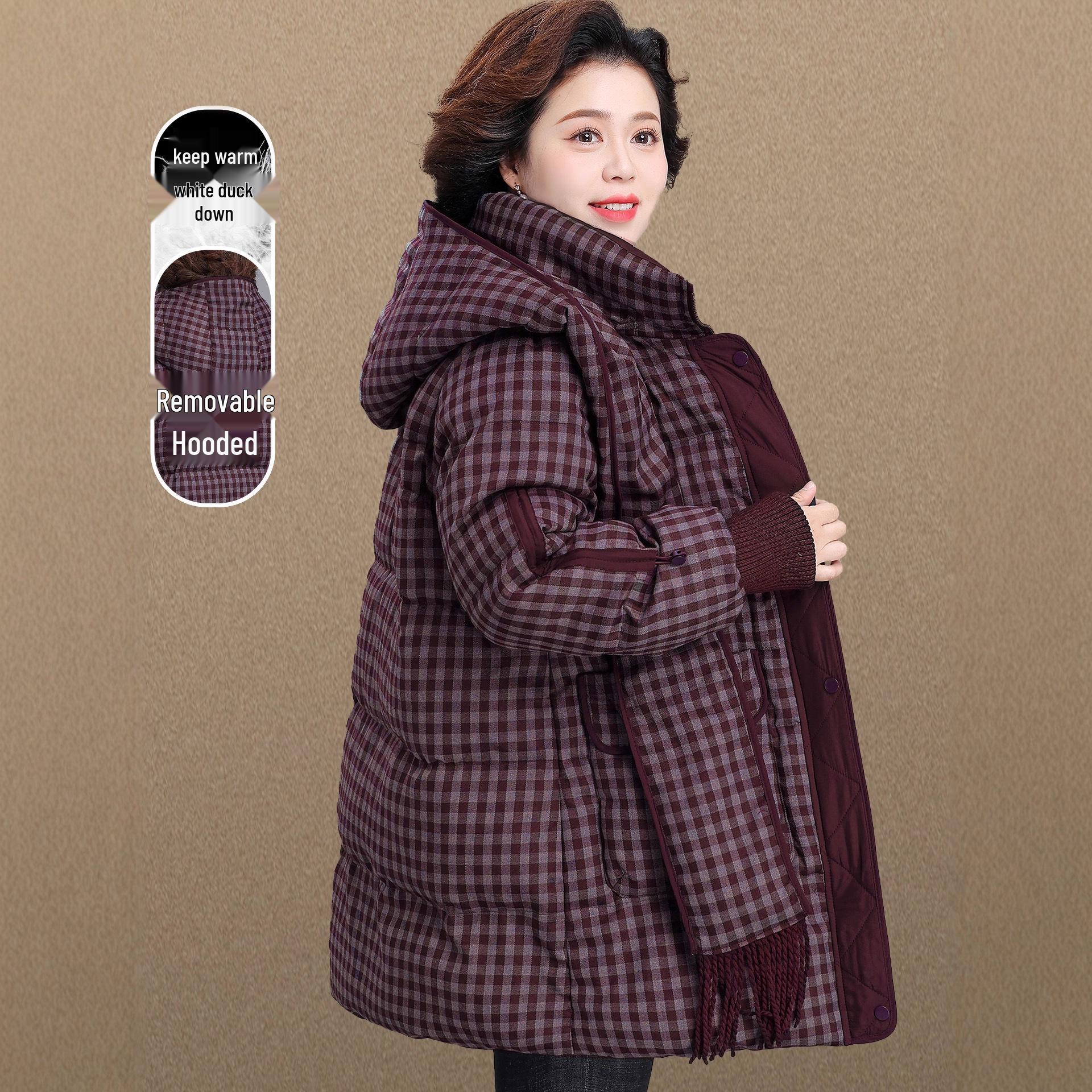 

Women s Winter 2025 Plaid Stand Collar Mid-Length Down Jacket - Thick, Warm, White Duck Down Casual Mom Coat M (recommended under 120 lbs)