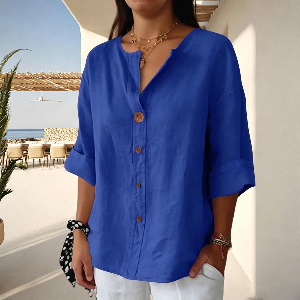 Women V Neck Button Front 3/4 Sleeve Cotton Linen Top Loose Fit Casual Blouse Lightweight Breathable Shirt for Daily Wear