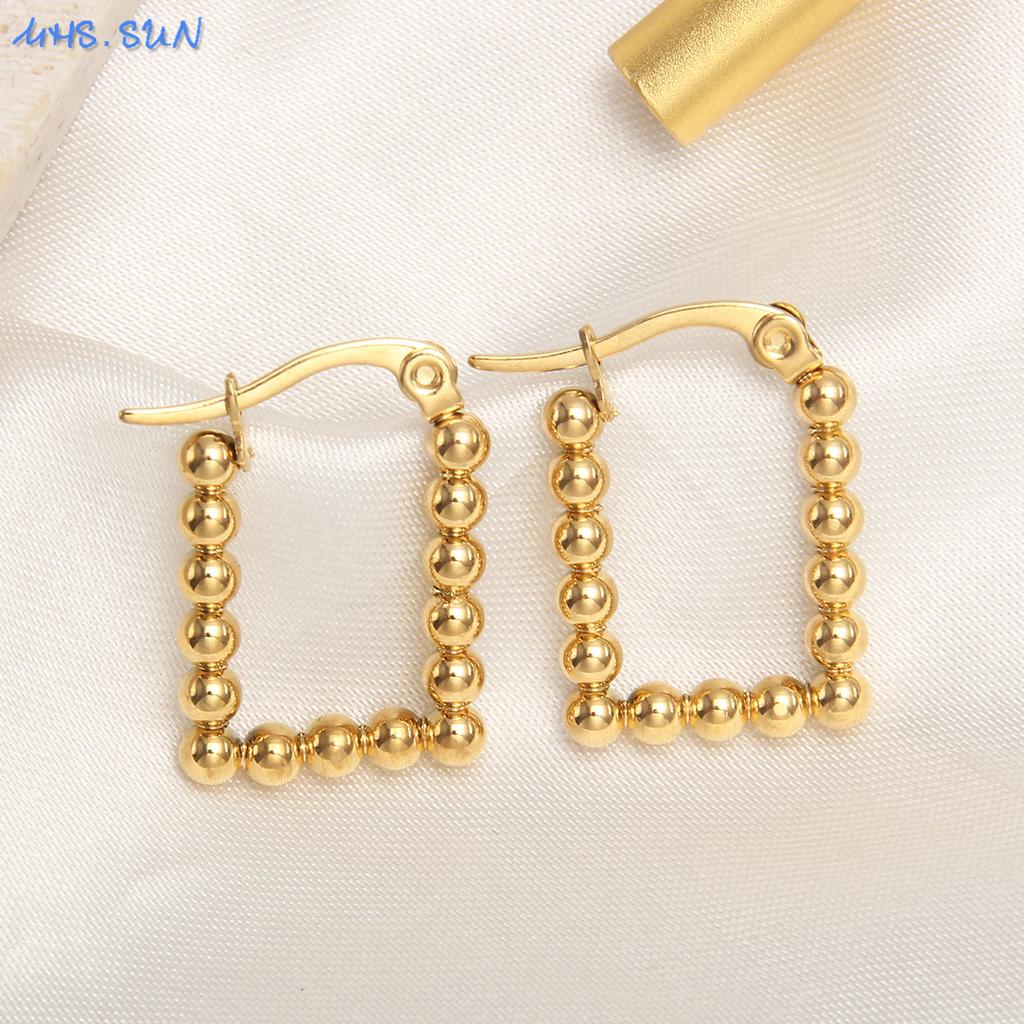 MHS.SUN Luxury Gold Plated Square Round Stainless Steel Hoop Earrings Cross Ball Beads Earring for Women Girls Wedding Jewelry