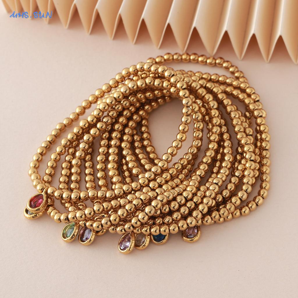 MHS.SUN Stainless Steel Gold Plated 12 Months Birthstone Beaded Bracelets For Women Men Zircon Water Droplet Charm Trend Jewelry