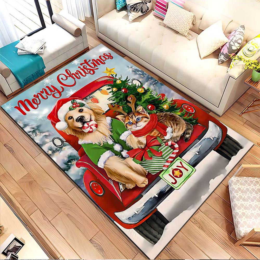 Golden Retriever & Cat Christmas Joy Scene Patterned Carpet, Non Slip Mat Suitable for Living Room and Bedroom Sofas