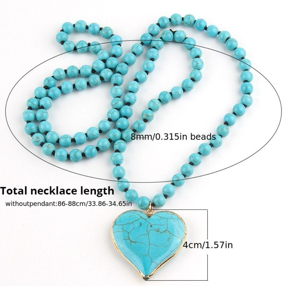 Heart Shape Pendant Turquoise Beaded Necklace 8 mm Beads Boho Necklace Women Gift