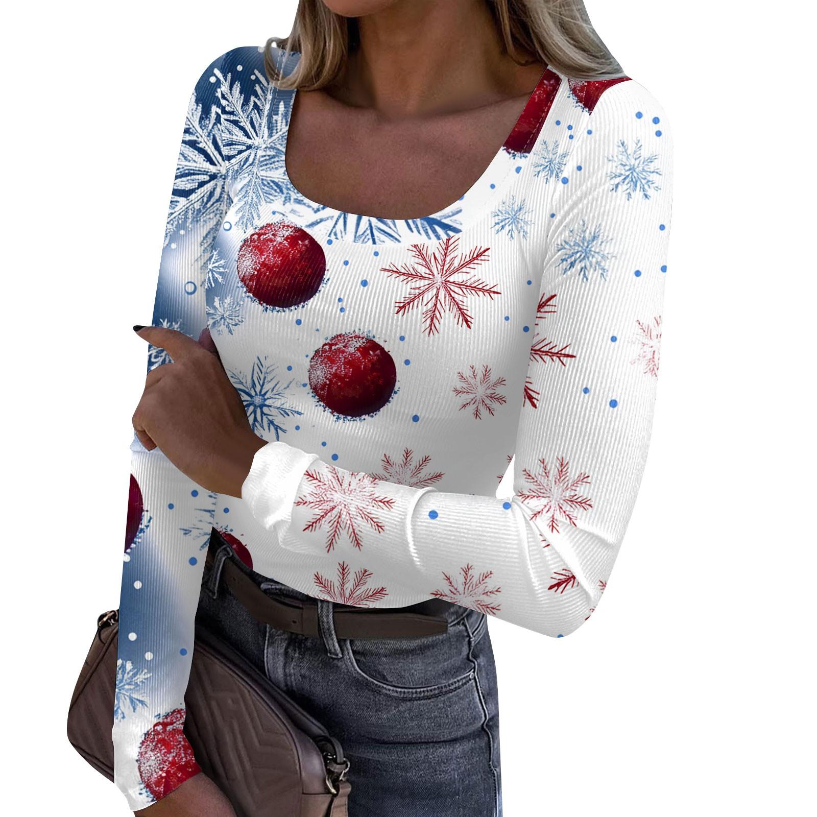 

Женская модная футболка с тонким низом, рождественский принт, пуловер с U-образным вырезом и длинными рукавами XXXL