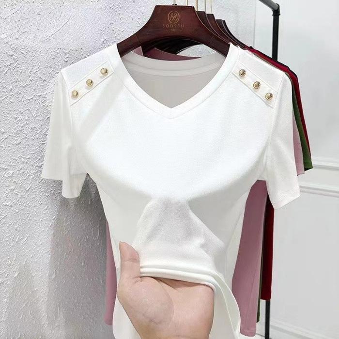 Жіноча біла футболка з V-подібним вирізом вільного крою - Корейський стиль, з короткими рукавами, з чистої бавовни, модна та універсальна для літа 2024.