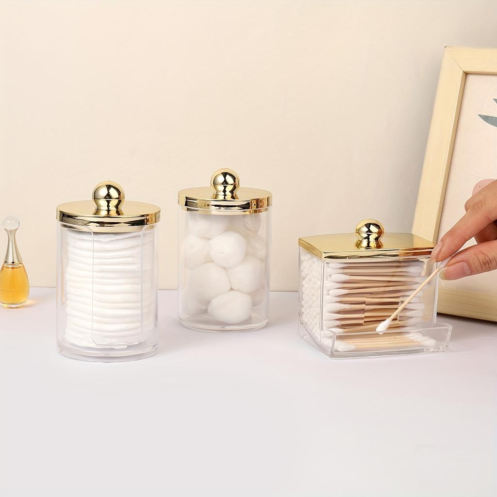 1/3 Qtips Bathroom Organizer with a Gold Lid, a 10 Oz. Ball Filler and a Clear Plastic Apothecary Jar for Cotton Swabs