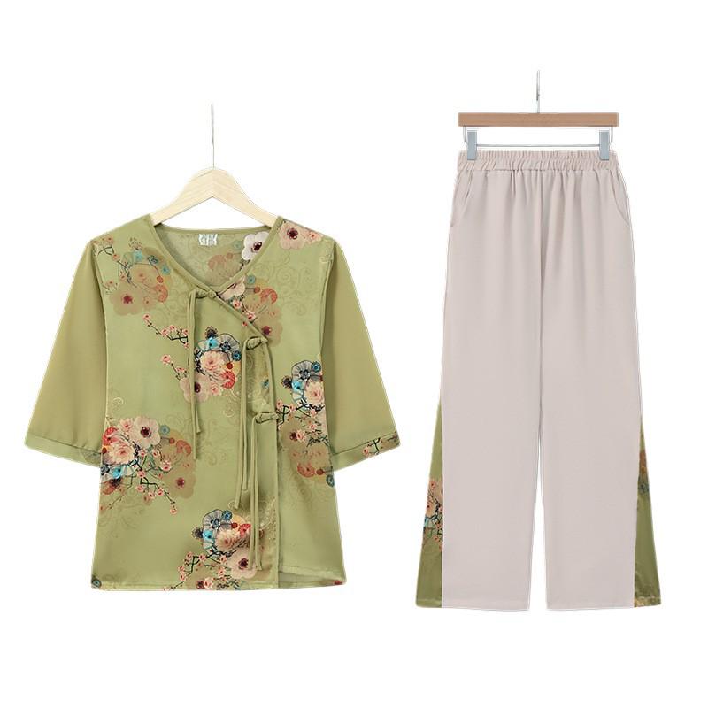 Mother's Summer Chiffon Short-Sleeved Top Set - Stylish T-Shirt for Middle-Aged & Elderly Women