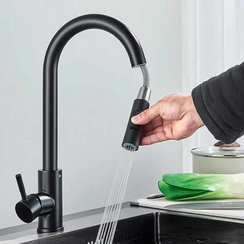 Modern Kitchen Faucet, 360° Rotating + Dual Spray Modes, 304 Stainless Steel, Brushed Finish, Black/silver Accessories.
