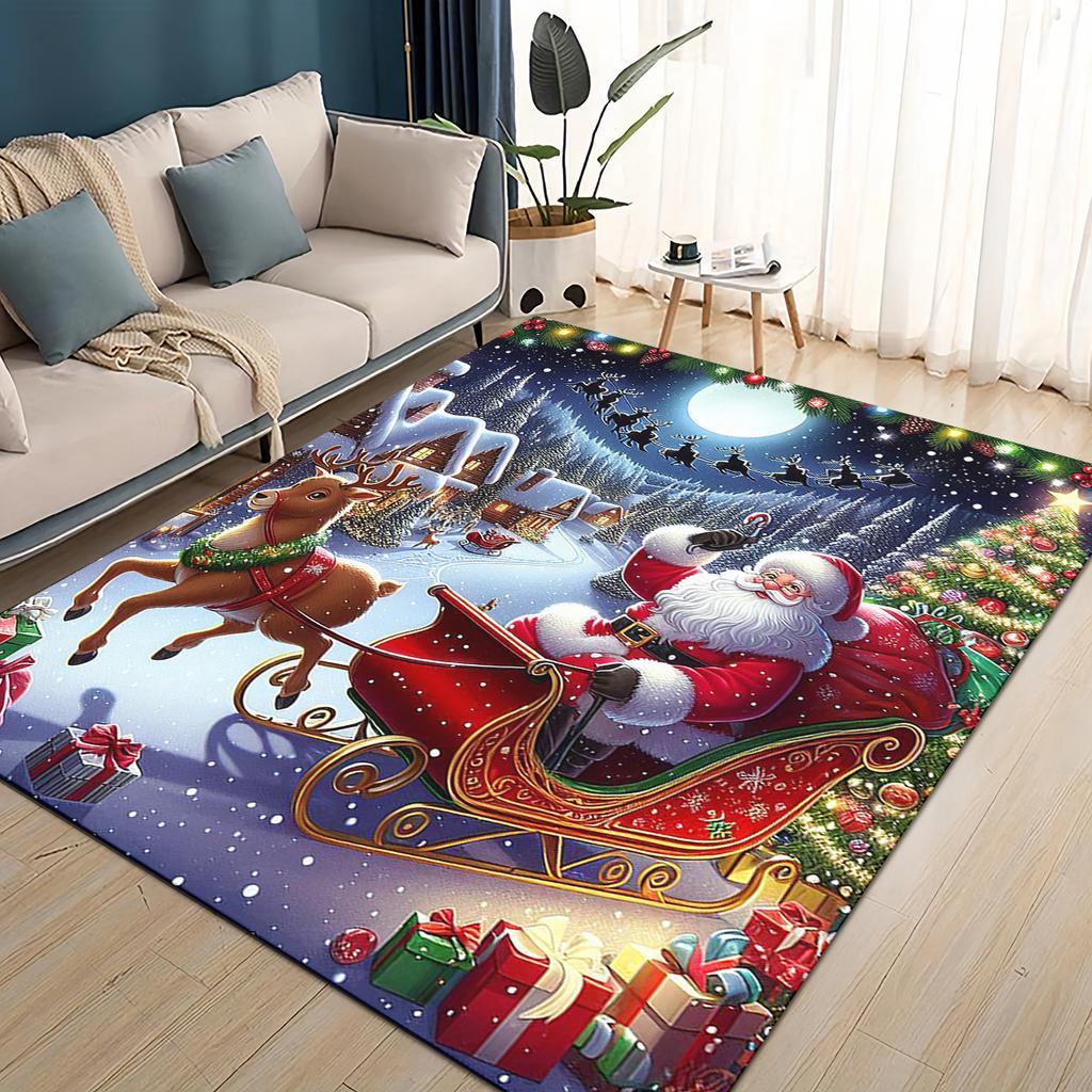 Merry Christmas Cartoon Santa Claus Snowman New Year Gift Carpet Rug for Living Room Bedroom Home Sofa Decoration,Non-slip Mat