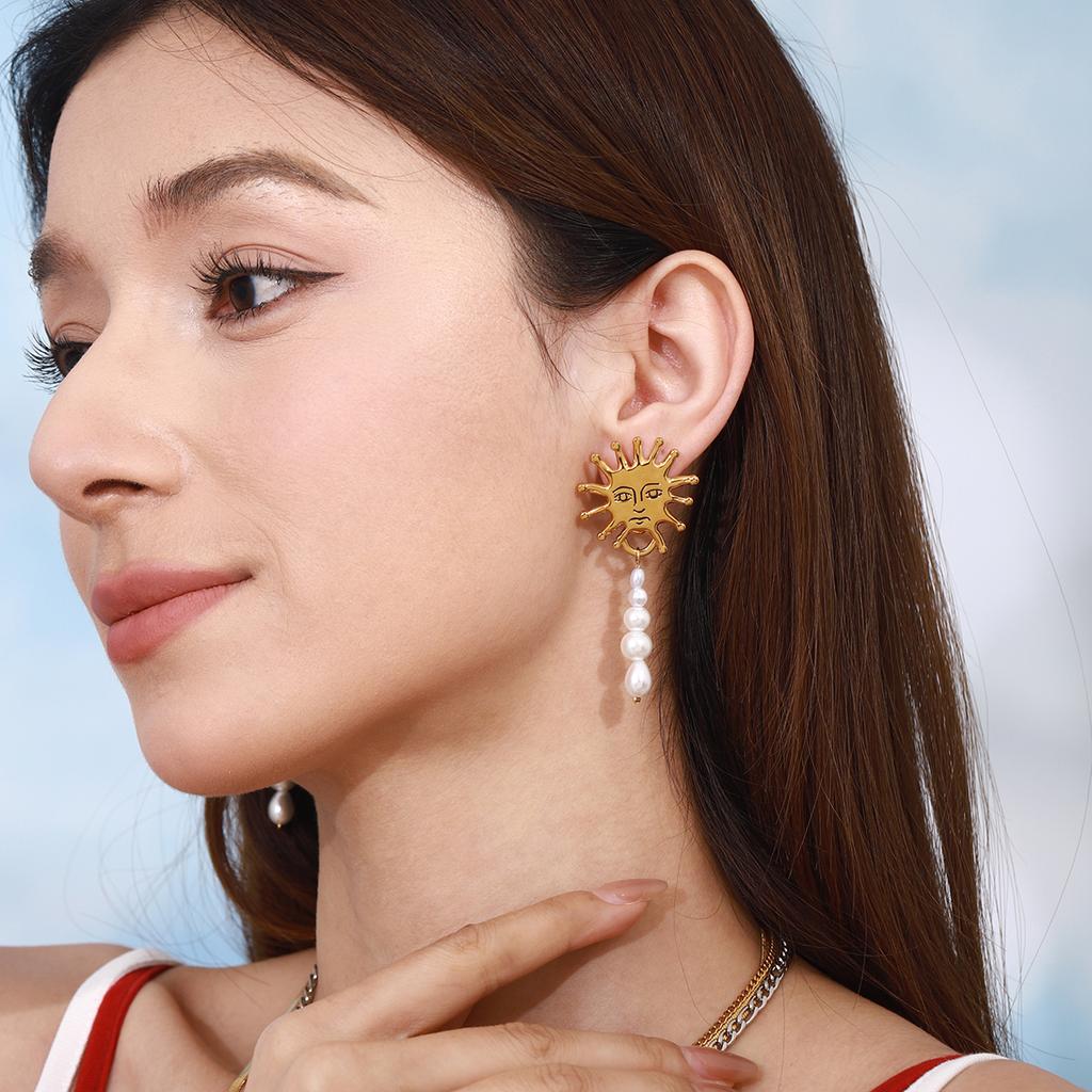 Minority 18K Gold Color Plated Steel Sunflower, Glass Pearl Pendant Earrings, Elegant Light Luxury Women's Jewelry