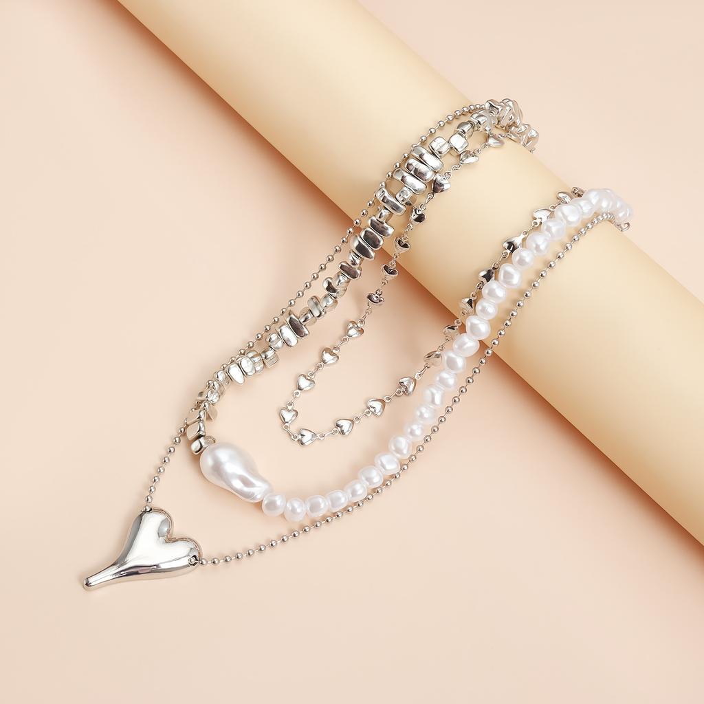 Irregular Heart Pendant Necklace Imitation Pearl CCB Geometric Choker Collar Y2k Statement Accessories