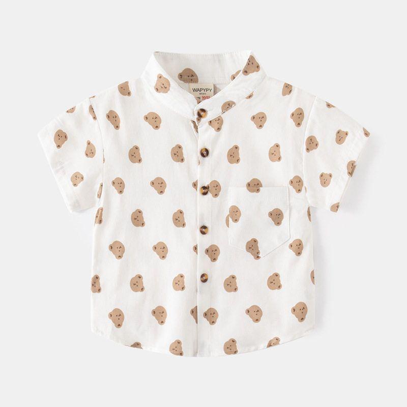 K-style Children's Clothing Kids Stand Collar Short Sleeve Shirt Boys Bear Printed Shirt Summer Baby V Neck Half Sleeve Tops