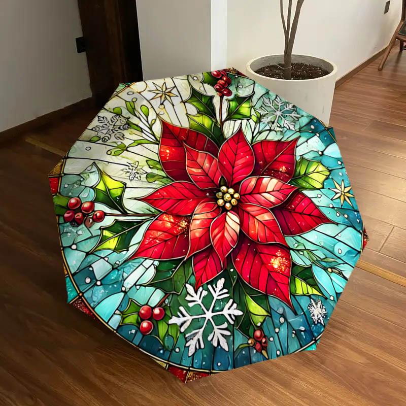 

Stained Christmas Poinsettia Design Automatic Opening Umbrella - Portable Tri-Fold Design with 8-Bone Iron Frame, Perfect Holiday Gift for F