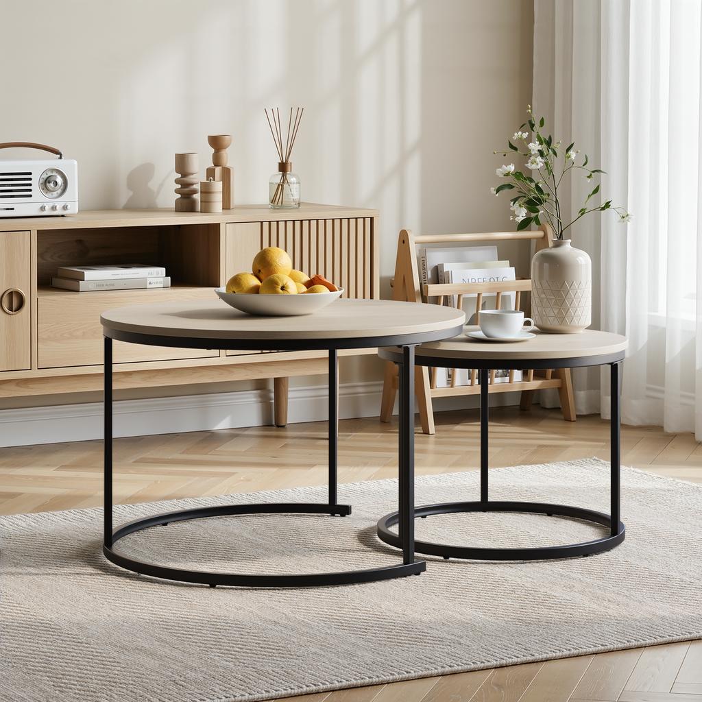 Two-Piece Nesting Coffee Table Set, Oak Veneer, Round with a Diameter of 70 cm, Metal Frame, Modern Style, Suitable for Living Room, Bedroom, Balcony.
