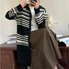 Spring and Autumn new retro loose knitted cardigan top women's striped lazy medium and long outer sweater