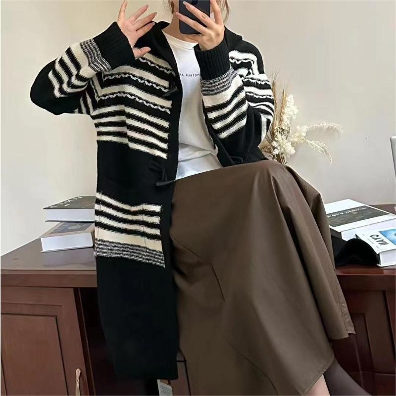 Spring and Autumn new retro loose knitted cardigan top women's striped lazy medium and long outer sweater