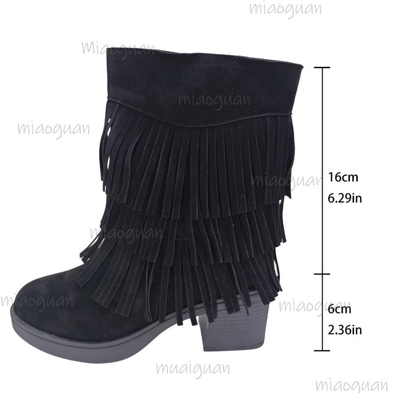 Sexy Suede Black Tassels Riding Boots Women 2025 Winter Side Zipper High Heel Western Cowboy Boots Bota Feminina Size35
