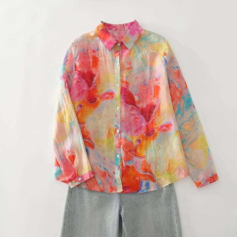 DIMANAF 2025 New Plus Size Women Tops Print Cotton Shirts Tees Casual Loose Blouse Autumn Long Sleeve