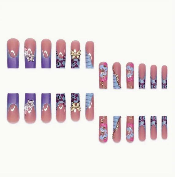 24Pcs Long Coffin Press On Nails, Blue French 3D Flower & Butterfly Rhinestone False Nails