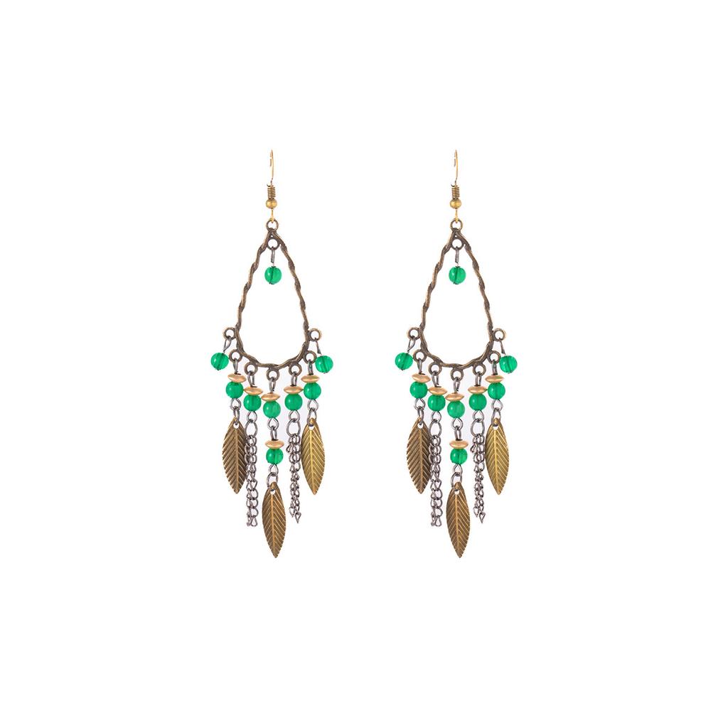 Vintage Bohemian Ethnic Style Earrings Long Green Leaf Beaded Fringed Stud Earrings Niche High-End Earrings