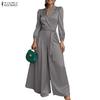 Women Casual V-Neck Long Sleeve Loose Wide Leg Jumpsuit