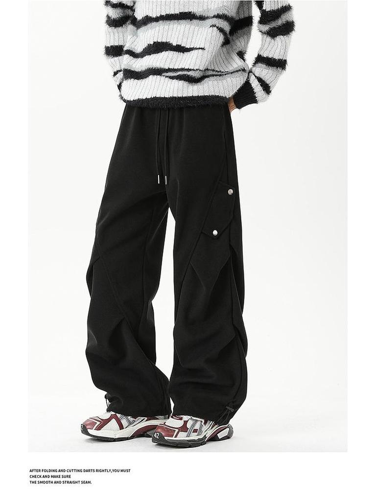 Men's Trendy Spring/Autumn Pleated Wide-Leg Overalls - Stylish, Handsome, and Casual Straight-Leg Trousers.