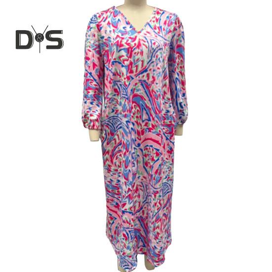 Bedrucktes Maxikleid für Damen, Frühling/Sommer, V-Ausschnitt, Boho-Urlaubskleid, lange Ärmel, lockeres Kleid mit Taschen für den Alltag, Partys, Strand